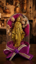 Vierge dorée sous cloche fuchsia -pièce Unique