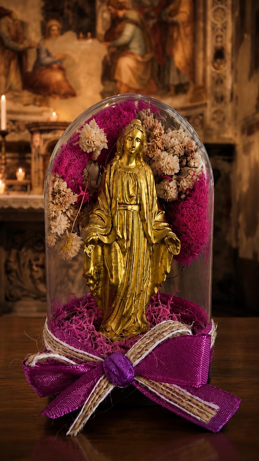 Vierge dorée sous cloche fuchsia -pièce Unique
